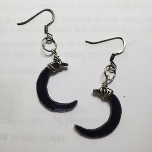 Wire Wrapped Deep Blue Rustic Witchy Crescent Moon Dangle Earrings
